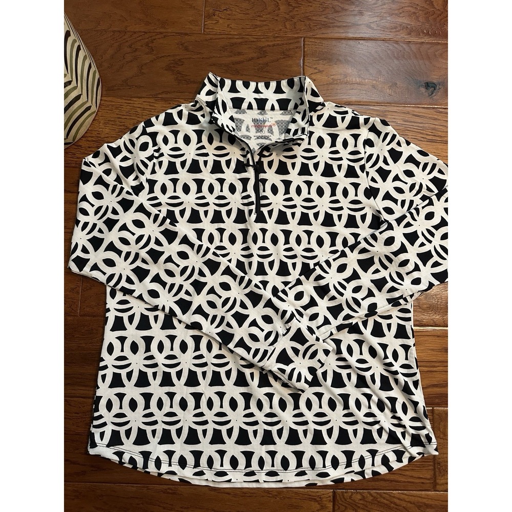 Ladies IBKUL SHILOH BLACK & WHITE Long Sleeve Mock Golf Shirt - Size L